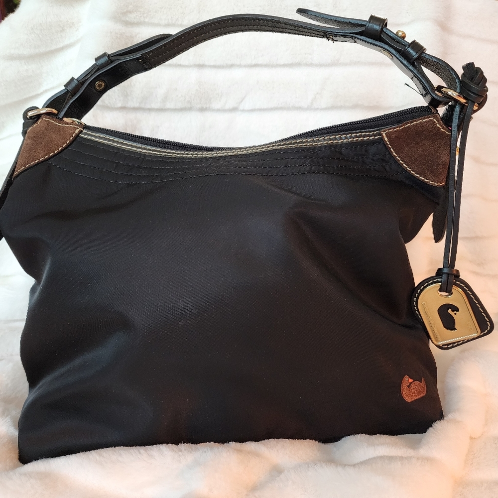 Dooney & Bourke Black Canvas Shoulder Purse with Pink Lining